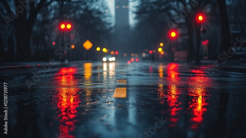 Rainy City Street at Night, Reflections of Lights photo