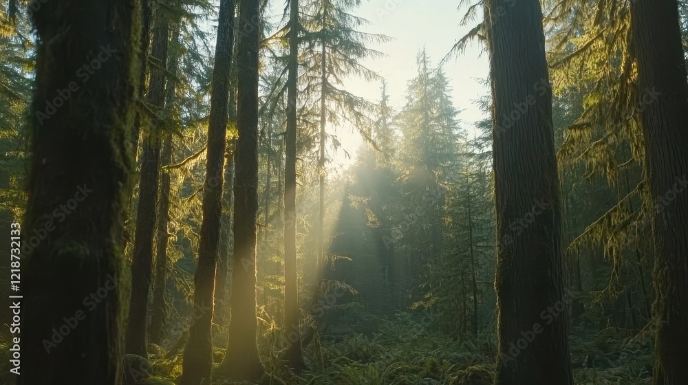 Sunbeams Illuminate a Mossy Temperate Rainforest Sunbeams Illuminate a Mossy Temperate Rainforest