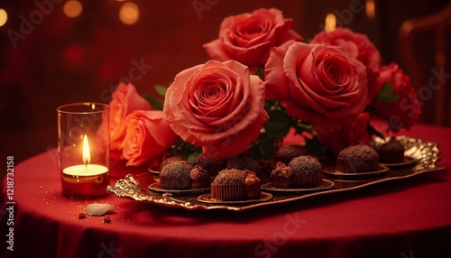 Elegant display of roses and chocolates on a romantic table with candlelight
