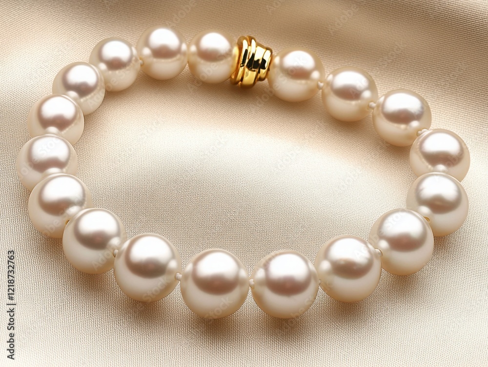 A classic pearl necklace with a gold clasp, elegantly arranged on a soft cream-colored background A classic pearl necklace with a gold clasp, elegantly arranged on a soft cream-colored background