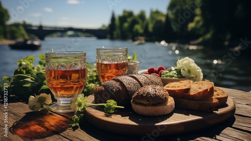 A chilled glass of white wine rests on a table, surrounded by fresh flowers, perfect for a summer celebration photo