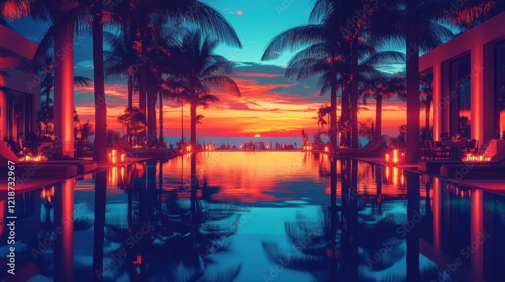 Serene Sunset at Luxury Resort with Pool and Palm Trees Serene Sunset at Luxury Resort with Pool and Palm Trees