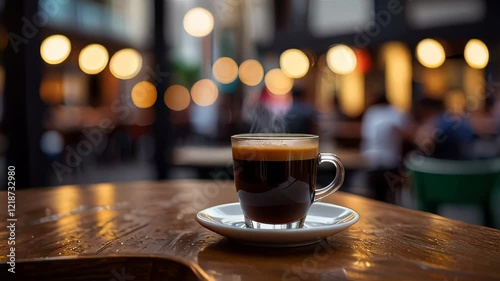 Coffee cup on a table with a blurred window and warm ambient lights behind