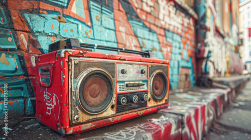 Vintage brightly colored retro 80's style tape recorder in front of a brightly painted graffiti wall.Vibe images evoke a sense of nostalgia, muse and urban culture. 80's style boombox