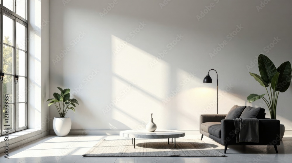 Obraz premium Modern Minimalist Living Room Interior Design with Sunlight Streaming Through Large Window, Featuring Dark Sofa and Stylish Decor