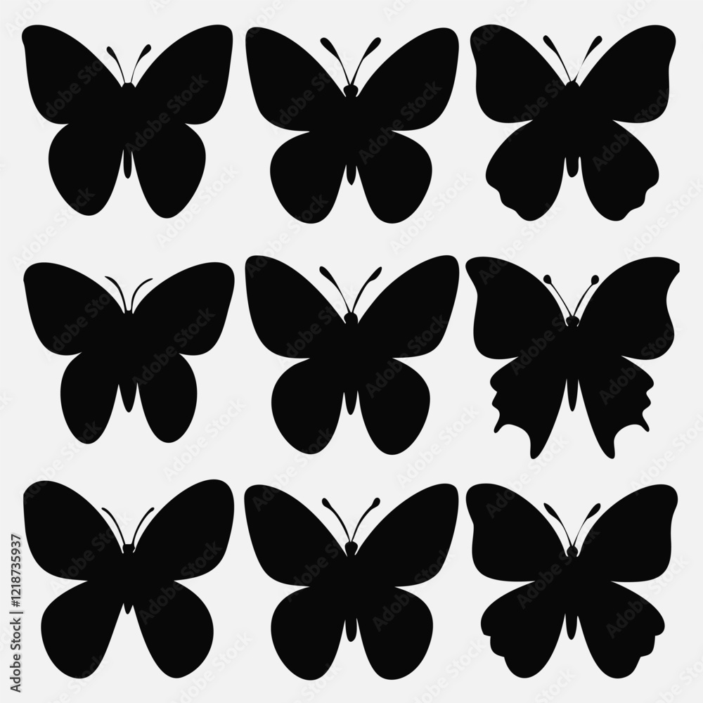 This image features nine simple, solid black butterfly silhouettes arranged in a 3x3 grid against a light gray background This image features nine simple, solid black butterfly silhouettes arranged in a 3x3 grid against a light gray background