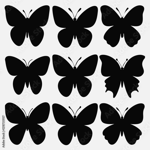 This image features nine simple, solid black butterfly silhouettes arranged in a 3x3 grid against a light gray background