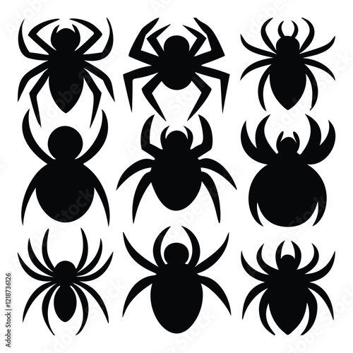 This image features nine distinct silhouette designs of spiders against a plain white background