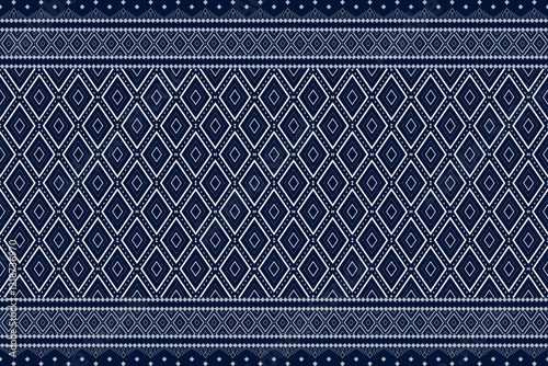 Ethnic geometric and ethnic oriental pixel pattern design. White and blue motifs square ethnic pattern. Seamless pattern, wallpaper, curtain, clothing, fabric, ikat, batik, carpet, background,diamond.