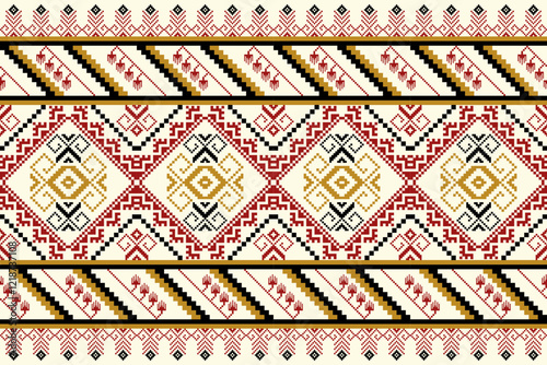 Ethnic geometric and ethnic oriental pattern design. Ethnic modern pattern. Seamless pattern, flowers, wallpaper, curtain, clothing, fabric, ikat, batik, carpet, background, diamond, India, banner.