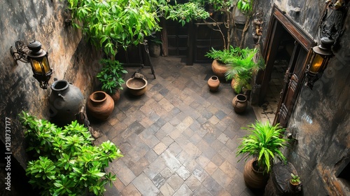 Overhead view of a courtyard paved with traditional African tiles, surrounded by plants and pottery, showcasing cultural heritage