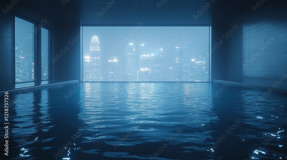 Fototapeta premium Rooftop infinity pool at night with city view