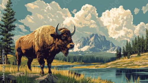 Yellowstone National Park Poster Illustration Travel Print Decor Gift Paper Canvas Wall Retro Art photo