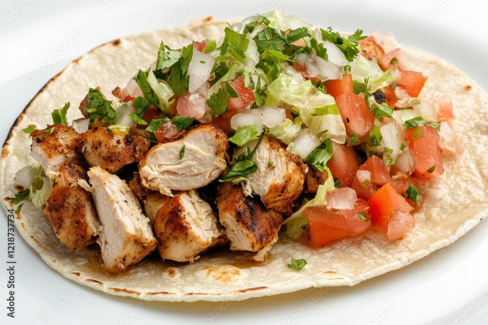 Delicious grilled chicken taco topped with fresh pico de gallo, lettuce, and cilantro served on a soft tortilla on a white plate, perfect for food lovers and culinary enthusiasts Delicious grilled chicken taco topped with fresh pico de gallo, lettuce, and cilantro served on a soft tortilla on a white plate, perfect for food lovers and culinary enthusiasts