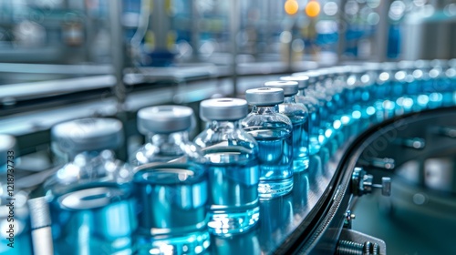 Wallpaper Mural Close-up of glass vials filled with blue liquid on a conveyor belt in a high-tech pharmaceutical manufacturing plant, highlighting industrial automation and healthcare production processes. Torontodigital.ca