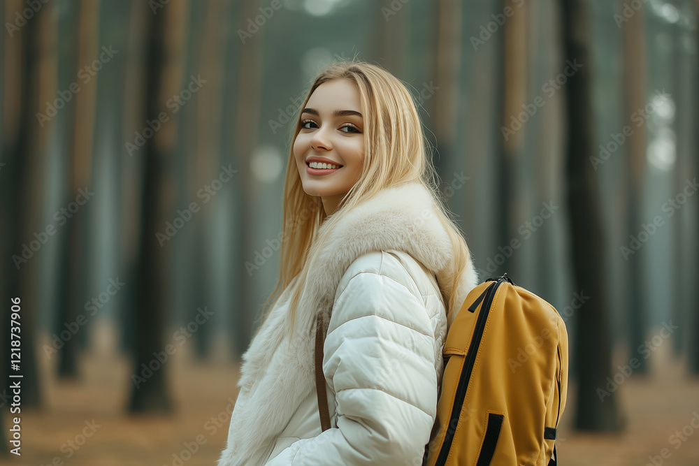 Fototapeta premium Young Woman Enjoying a Walk in a Foggy Forest Wearing Winter Clothing With a Stylish Backpack