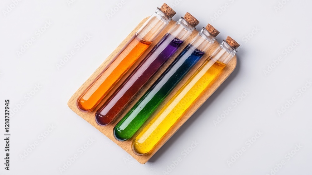 Fototapeta premium Vibrant Colored Liquids in Glass Test Tubes on Wooden Tray