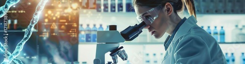 In a cuttingedge laboratory, a scientist focuses on a DNA helix through a microscope, showcasing advancements in scientific research and biotechnology with sophisticated lab equipment photo