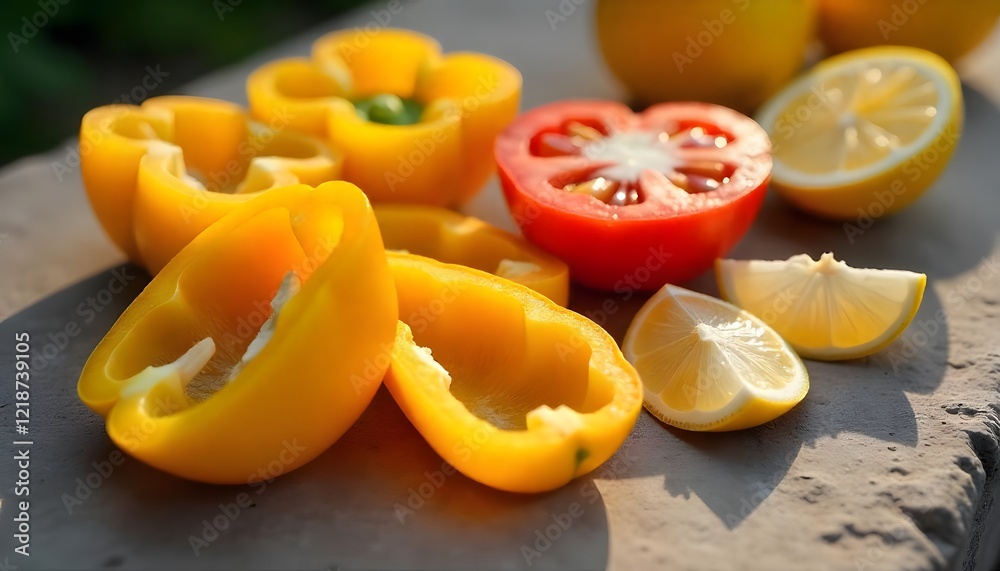 A vibrant still life showcasing halved yellow bell peppers, a tomato, and lemon slices on a stone surface A vibrant still life showcasing halved yellow bell peppers, a tomato, and lemon slices on a stone surface