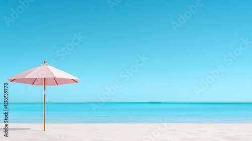 Tranquil Beach Scene with Pink Umbrella and Azure Ocean