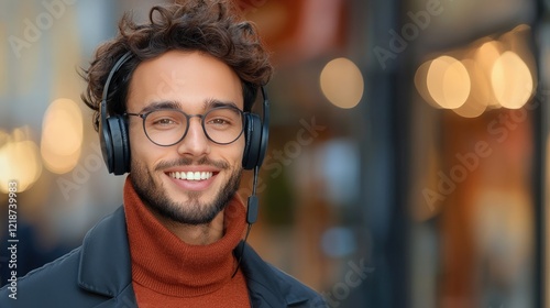 Cheerful young man with headphones urban street portrait photography daytime close-up lifestyle inspiration