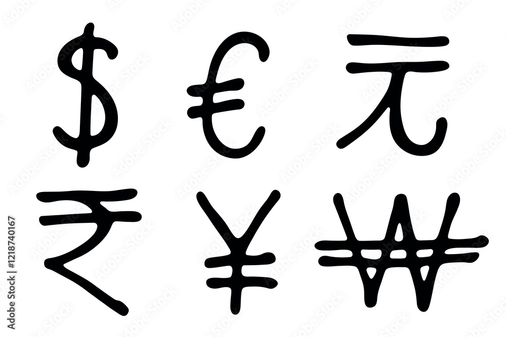 Hand drawn multiple currencies symbol set Dollar euro yuan yen won rupee Hand drawn multiple currencies symbol set Dollar euro yuan yen won rupee