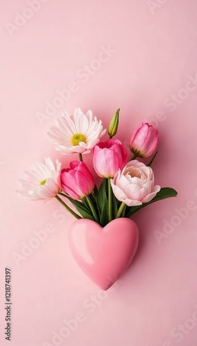 Colorful flowers in a pink heart-shaped vase on a pastel background 
