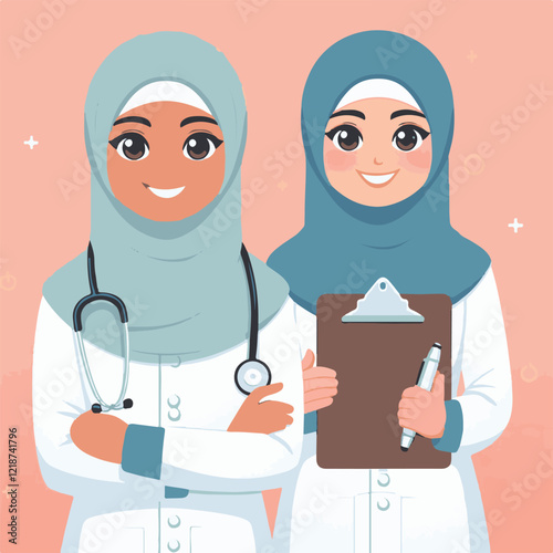 Flat design of a happy Muslim female doctor standing with a clipboard 5