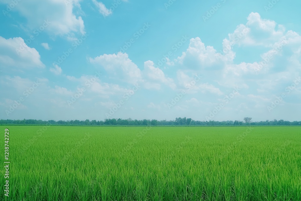 Lush green field under a bright blue sky with fluffy clouds. Lush green field under a bright blue sky with fluffy clouds.