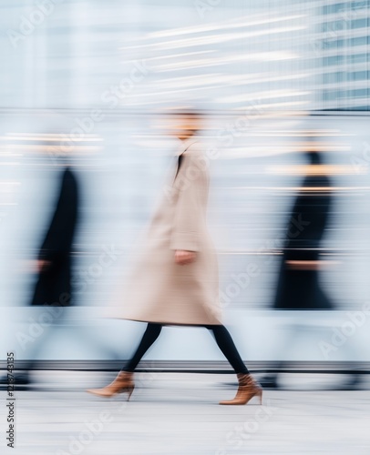 Three figures glide along a city sidewalk, their movements elegantly blurred against the sleek architecture. The stylish woman in a cream coat stands out, embodying urban sophistication.