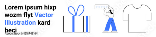 Gift box with blue ribbon, person holding star rating card, t-shirt outline. Ideal for online reviews, gift giving, e-commerce promotions, apparel industry, customer feedback, rewards programs