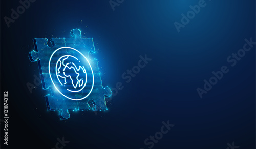 Abstract illustration of lineart world icon over low poly jigsaw puzzle.Blue geometric background depicting geopolitical synergy partnership,global crisis management politics concept by wireframe mesh