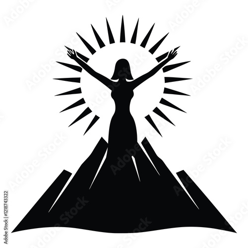 strong woman standing on mountain peak silhouette vector art illustration