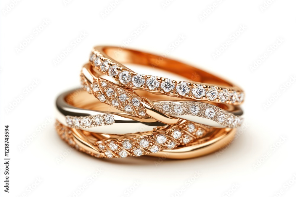 Stack of Gold Diamond Rings stacked on a white background with shallow depth of field Stack of Gold Diamond Rings stacked on a white background with shallow depth of field