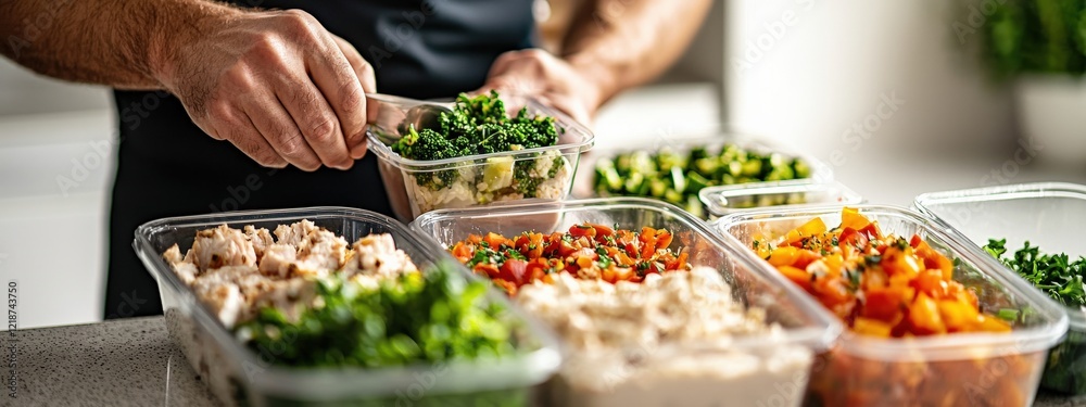 Obraz premium Meal Preparation with Fresh Ingredients and Healthy Vegetables in Clear Storage Containers in Kitchen Setting