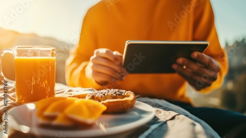 Cozy Morning Setting with Person in Yellow Sweater Enjoying Snack and Tablet in Bright Sunlight