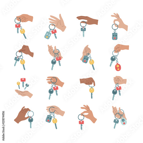 Hands holding various bunch of keys from house door or car. Electronic key with alarm system in arm. Rent auto or house in icon. Buying property, sell vehicle or apartment service. Vector illustration