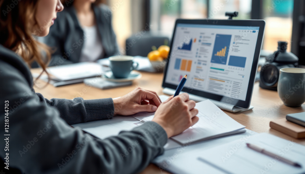 Businesswoman Analyzing Data and Taking Notes During a Meeting Businesswoman Analyzing Data and Taking Notes During a Meeting