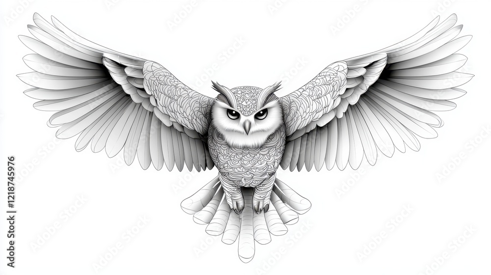 Obraz premium Intricate black-and-white adult coloring page featuring a detailed owl with mandala patterns, ready to be filled with vibrant colors, clean white background