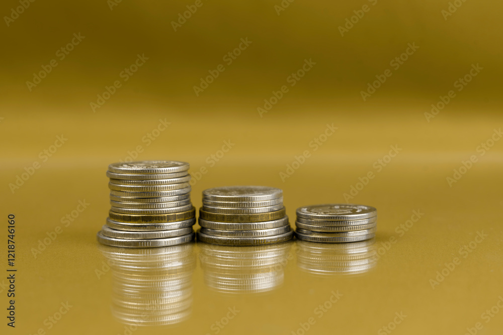 Stacks of silver coins on a reflective beige surface Stacks of silver coins on a reflective beige surface