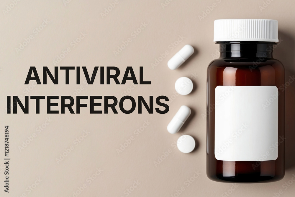 Antiviral interferons inscription text words phrase on the background of packaging with pills Antiviral interferons inscription text words phrase on the background of packaging with pills