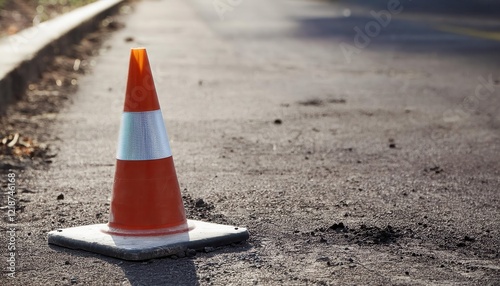 An orange traffic cone placed on a damaged road surface indicating a construction zone.