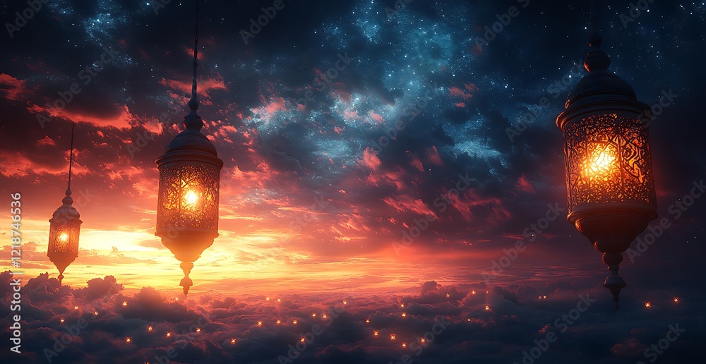 Obraz premium Three glowing lanterns float against dramatic sunset sky with stars