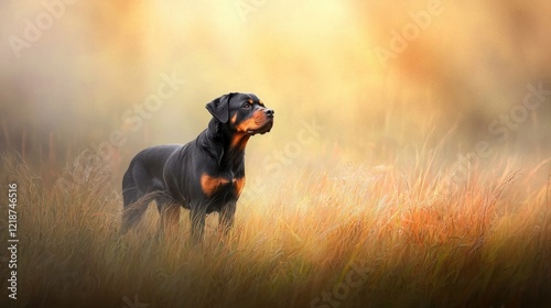 Majestic adult Rottweiler standing in a grassy field, muscular and poised, with a backdrop of soft golden sunlight, loyal and protective expression