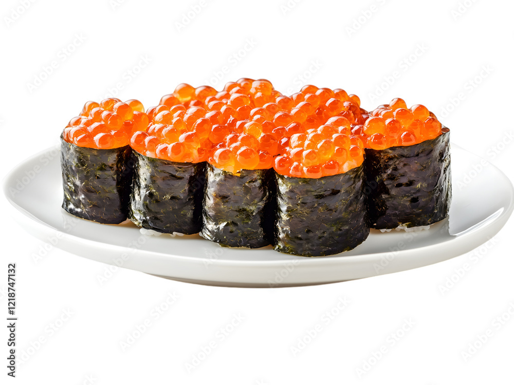 A plate of sushi rolls topped with vibrant orange salmon roe, showcasing a delectable Japanese culinary experience. A plate of sushi rolls topped with vibrant orange salmon roe, showcasing a delectable Japanese culinary experience.