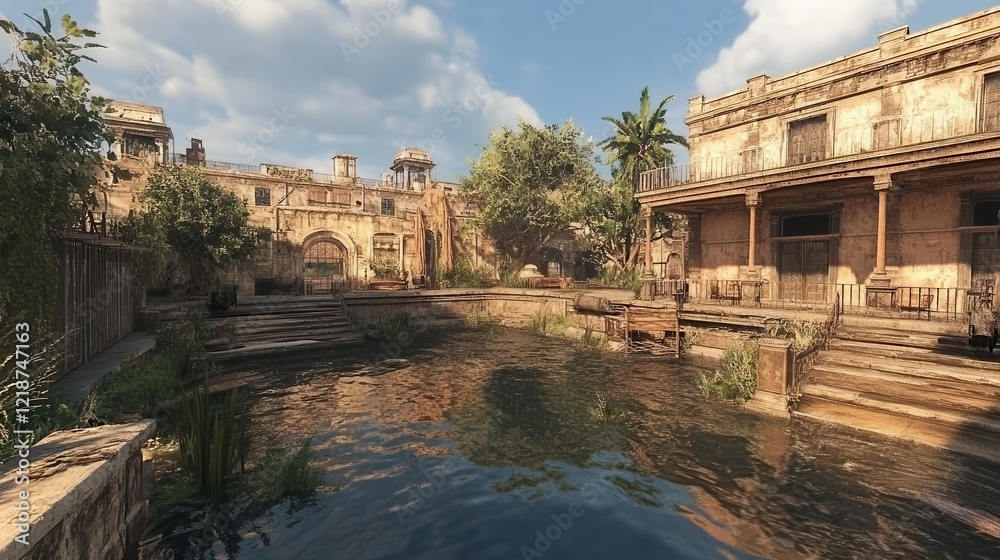 Overgrown Courtyard With Ruined Buildings And Still Water Overgrown Courtyard With Ruined Buildings And Still Water