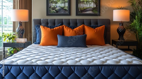 A beautifully arranged bedroom featuring a plush bed with colorful pillows, stylish lamps, and artwork, creating a cozy and inviting atmosphere.