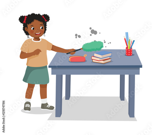 Cute little African girl cleaning table with feather duster