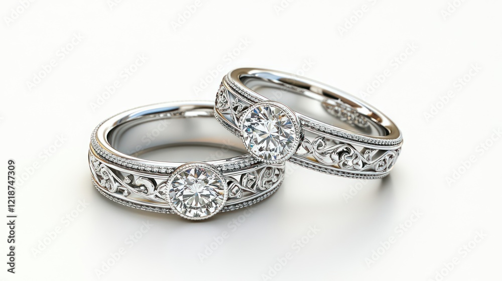 Two elegant silver rings with diamonds on a white surface beautifully detailed Two elegant silver rings with diamonds on a white surface beautifully detailed