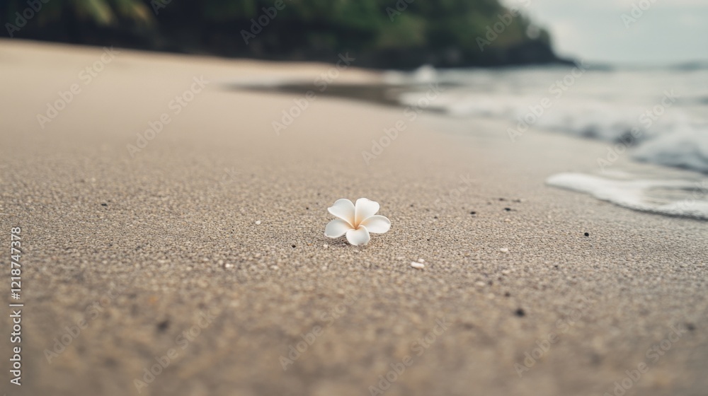 Single white flower on sandy beach near ocean waves. Single white flower on sandy beach near ocean waves.